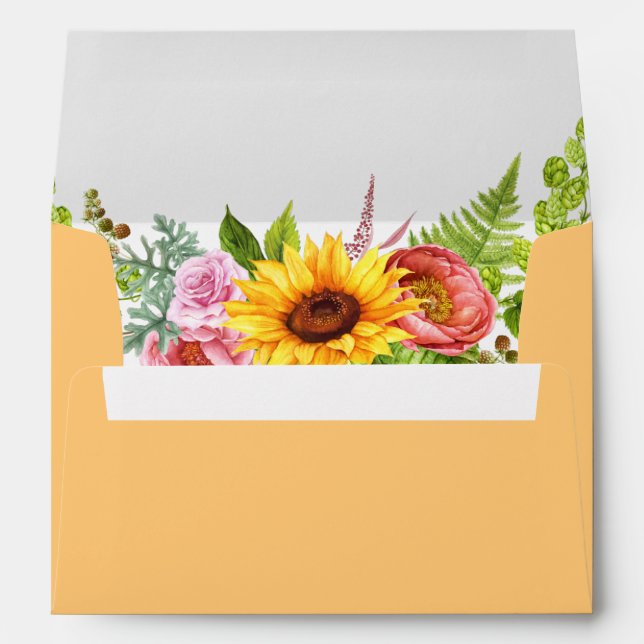 Watercolor Sunflower Floral Wedding Golden Yellow Envelope (Back (Bottom))