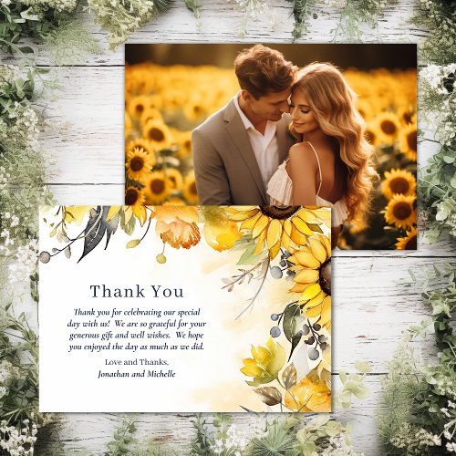 Watercolor Sunflower Floral Wedding Photo Thank You Card