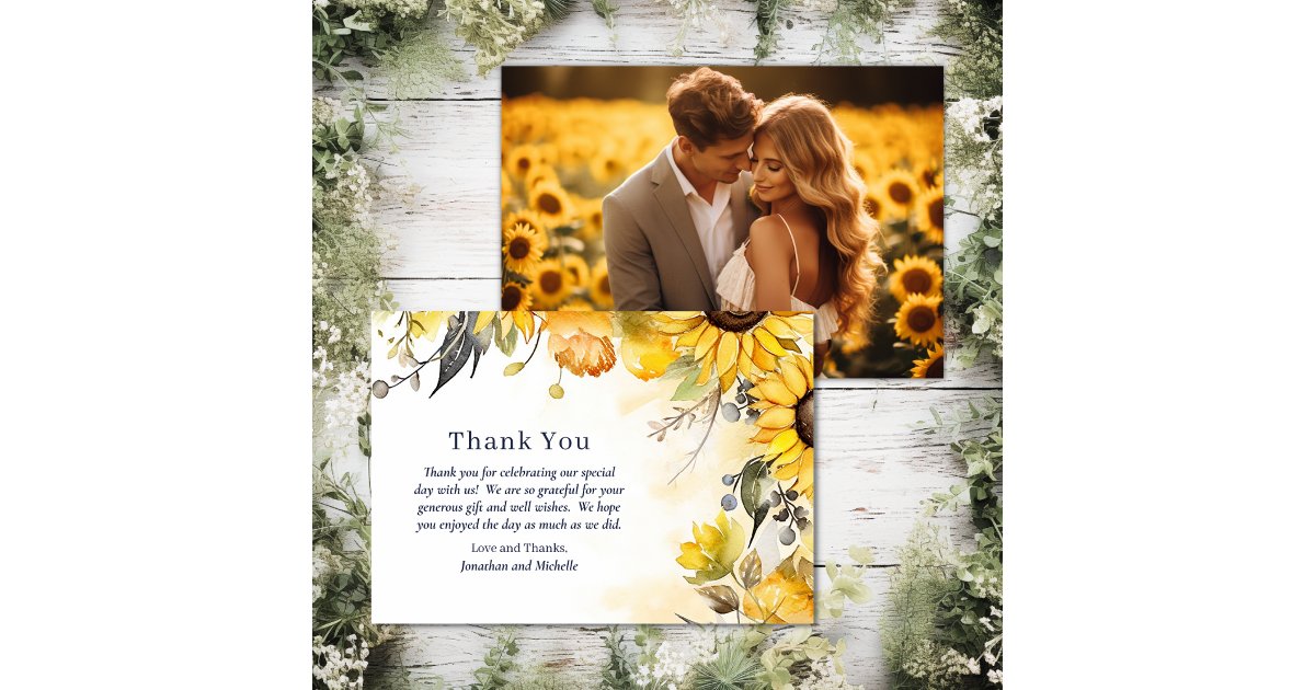Watercolor Sunflower Floral Wedding Photo Thank You Card | Zazzle