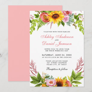 Watercolor Sunflower Floral Wedding Pink Invitation