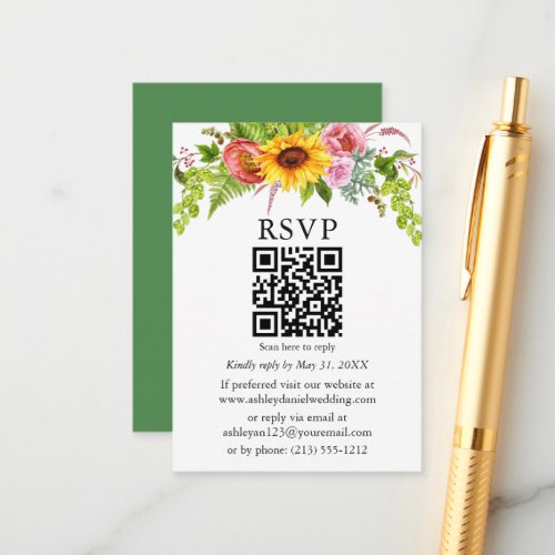 Watercolor Sunflower Floral Wedding QR RSVP Green Enclosure Card