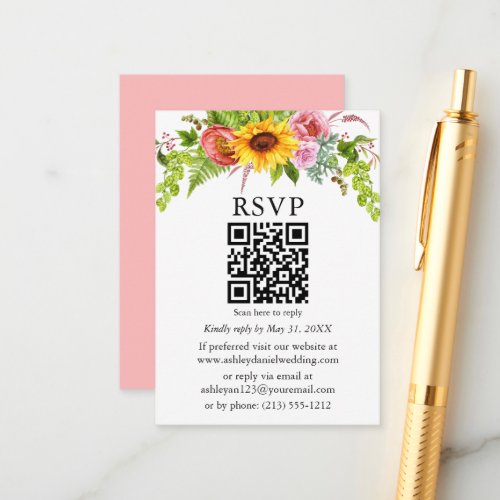 Watercolor Sunflower Floral Wedding QR RSVP Pink Enclosure Card