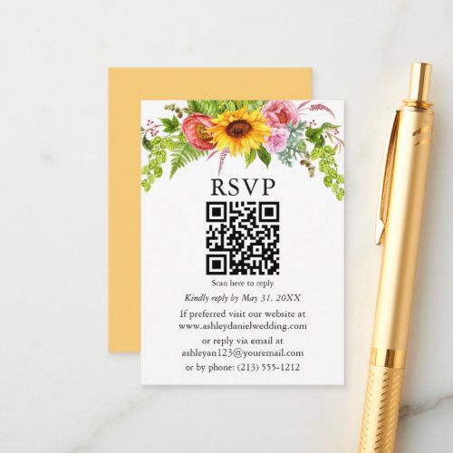 Watercolor Sunflower Floral Wedding QR RSVP Yellow Enclosure Card