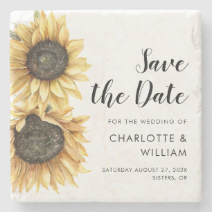 Watercolor Sunflower Floral Wedding Save the Date Stone Coaster
