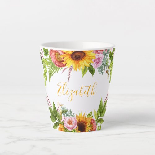 Watercolor Sunflower Floral Yellow Name Latte Mug