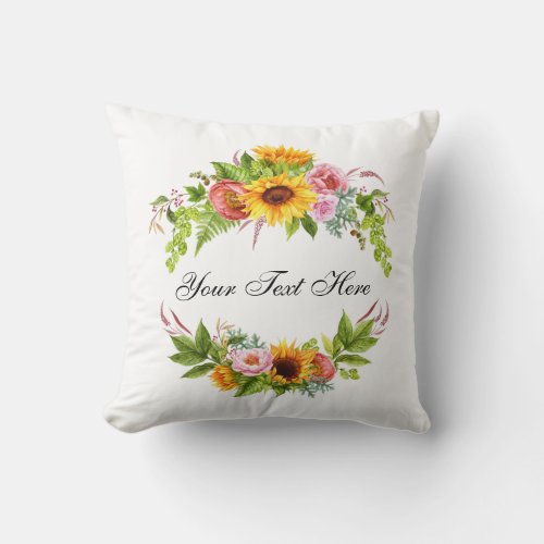 Watercolor Sunflower Floral _ Your Text _ Throw Pillow