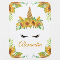 Watercolor sunflower Frame Unicorn Personalized Baby Blanket