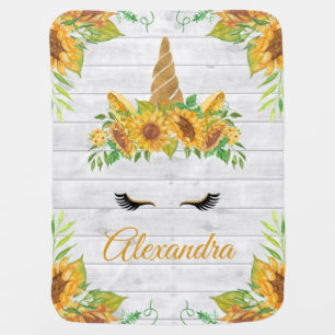Watercolor sunflower Frame Unicorn Personalized Baby Blanket
