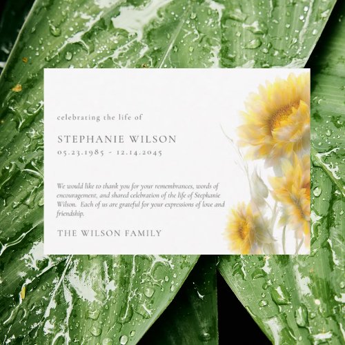 Watercolor Sunflower Funeral Bereavement Thank You