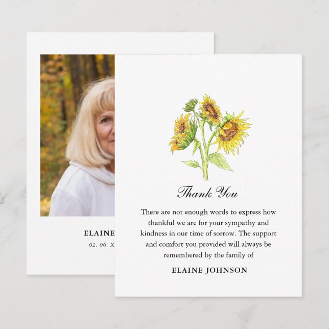 Watercolor Sunflower Funeral Photo Thank you  (Front/Back)