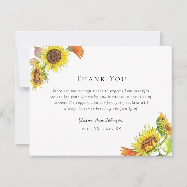 Watercolor Sunflower Funeral Sympathy Thank you  (Front)
