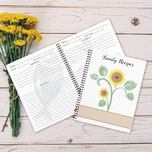 Watercolor Sunflower Gingham Family Recipe Notebook