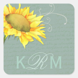 Watercolor Sunflower Grayed Jade Wedding Square Sticker