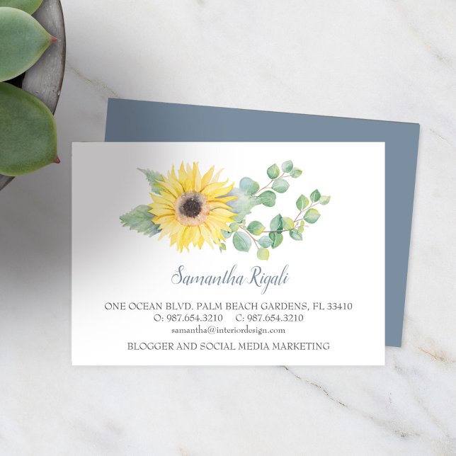 Watercolor Sunflower Green Eucalyptus Business Enclosure Card (Sunflower and eucalyptus business cards watercolor art by Victoria Grigaliunas)
