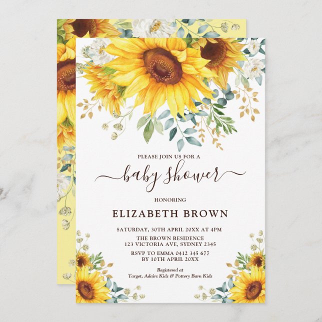 Watercolor Sunflower Greenery Garden Baby Shower Invitation (Front/Back)