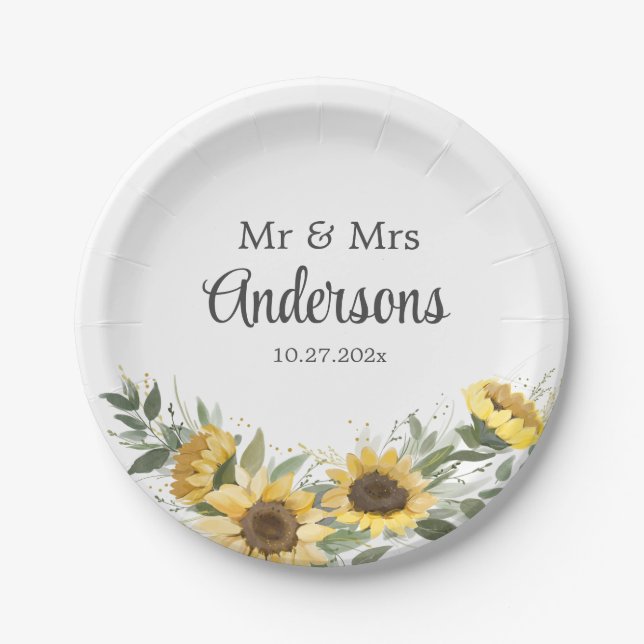 Watercolor Sunflower Greenery Paper Plates (Front)