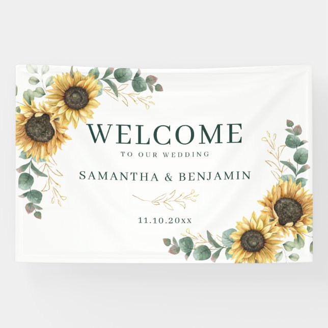 Watercolor Sunflower Greenery Wedding Banner (Horizontal)