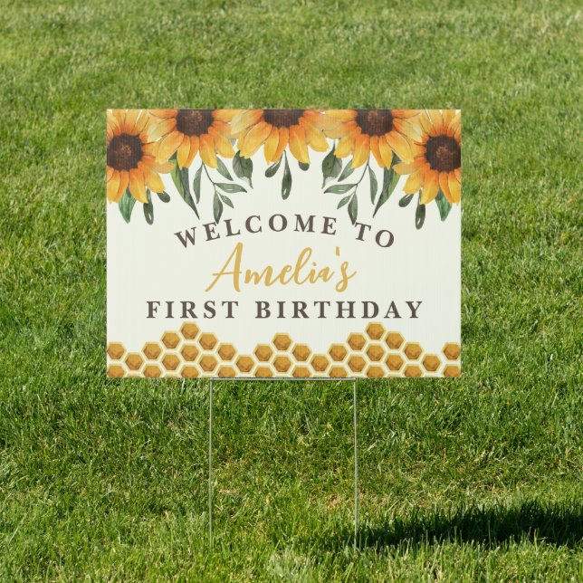 Watercolor Sunflower Honeycomb 1st Birthday Party Sign (Insitu)