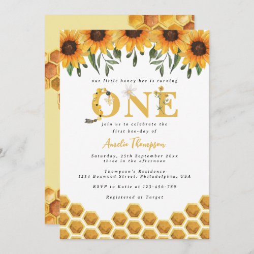 Watercolor Sunflower Honeycomb First Bee_day  Invitation