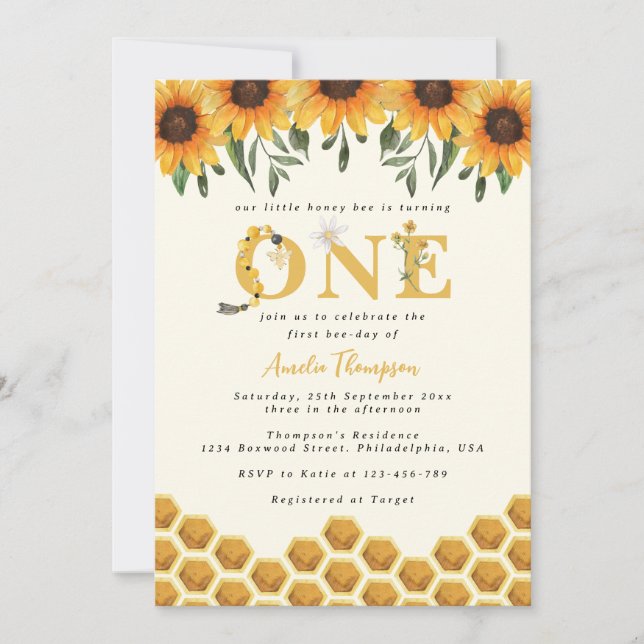 Watercolor Sunflower Honeycomb First Bee-day Invitation (Front)