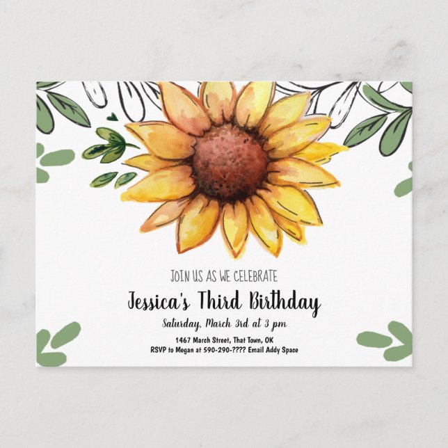 Watercolor Sunflower Kid Birthday Party Invitation Postcard (Front)