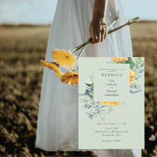 Watercolor Sunflower Light Sage Wedding Invitation