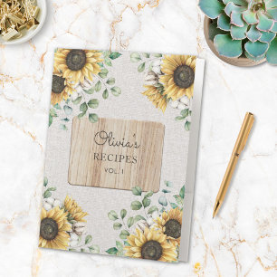 Watercolor Sunflower Linen Wood Recipe Book Pocket Folder