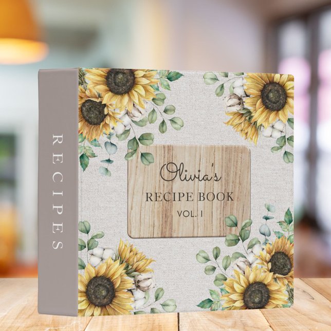 Watercolor Sunflower Linen Wood Recipe Cookbook 3 Ring Binder (In situ on kitchen table)