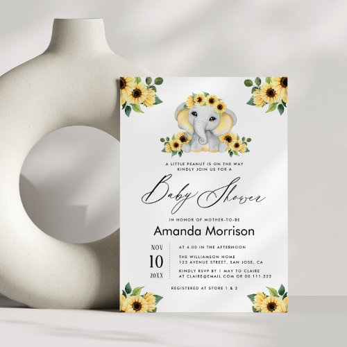 watercolor sunflower little elephant baby shower invitation