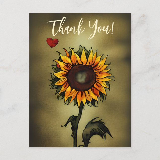 Watercolor Sunflower Love Flower Thank You Postcard (Front)