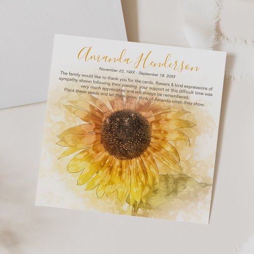 Watercolor Sunflower Memorial Favor Seed Packet Envelope