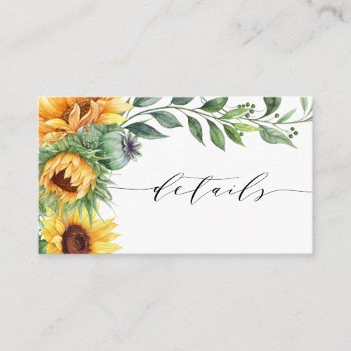 Watercolor Sunflower Modern Details Enclosure Card - Are you using sunflowers in your bouquet or in your centerpiece decorations? Then you will love these modern watercolor sunflower wedding detail cards! The card features a watercolor sunflower cascade on the top and a modern font layout with hand-lettering. These are great for your country weddings, fall weddings, rustic weddings, and anyone who absolutely loves sunflowers.