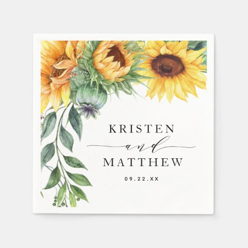Watercolor Sunflower Modern Floral Napkins - Are you using sunflowers in your bouquet or in your centerpiece decorations? Then you will love these modern watercolor sunflower wedding napkins! The napkin features a watercolor sunflower cascade on the left and a modern font layout with hand-lettering. These are great for your country weddings, fall weddings, rustic weddings, and anyone who absolutely loves sunflowers.