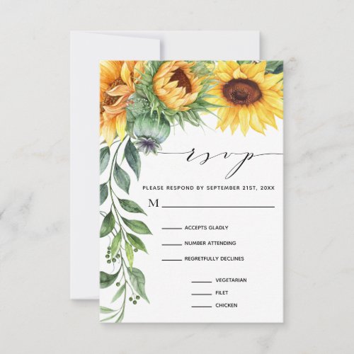 Watercolor Sunflower Modern Meal Choice RSVP Card - Are you using sunflowers in your bouquet or in your centerpiece decorations? Then you will love these modern watercolor sunflower wedding response cards! The card features a watercolor sunflower cascade on the left and a modern font layout with hand-lettering. These are great for your country weddings, fall weddings, rustic weddings, and anyone who absolutely loves sunflowers.