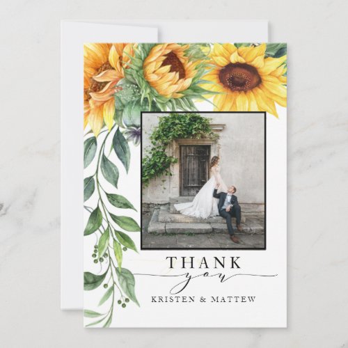 Watercolor Sunflower Modern Photo Thank You Card - Are you using sunflowers in your bouquet or in your centerpiece decorations? Then you will love these modern watercolor sunflower wedding thank you cards! The card features a watercolor sunflower cascade on the left and a place for your photo. These are great for your country weddings, fall weddings, rustic weddings, and anyone who absolutely loves sunflowers.