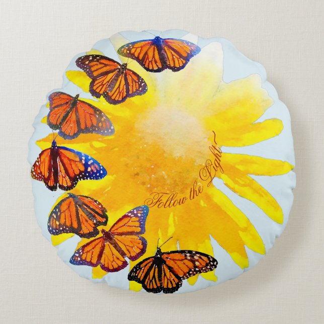 Watercolor Sunflower & Monarch Butterfly Migration Round Pillow (Front)
