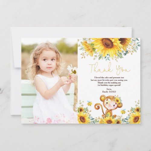 Watercolor Sunflower Monkey Baby Girl Birthday Thank You Card