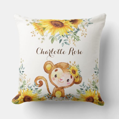 Watercolor Sunflower Monkey Baby Girl Nursery Throw Pillow