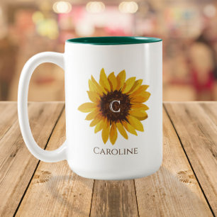 Watercolor Sunflower Monogram Name Two-Tone Coffee Mug