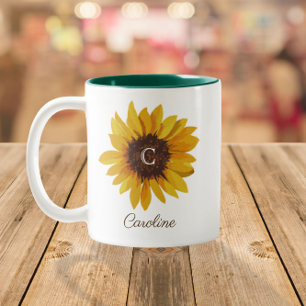 Watercolor Sunflower Monogram Name Two-Tone Coffee Mug