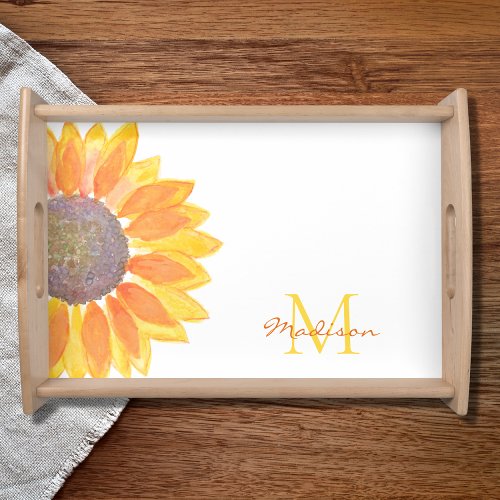 Watercolor Sunflower Monogram Serving Tray