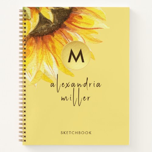 Watercolor Sunflower Monogram Sketchbook Notebook