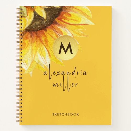 Watercolor Sunflower Monogram Sketchbook Orange Notebook
