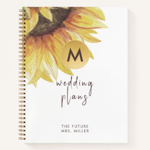 Watercolor Sunflower Monogram Wedding Planner Notebook