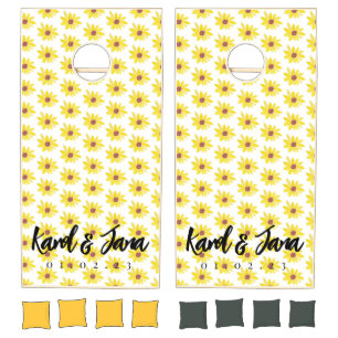 Watercolor Sunflower Monogrammed  Wedding Name  Cornhole Set