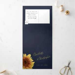Watercolor sunflower navy blue all in one wedding Tri-Fold invitation