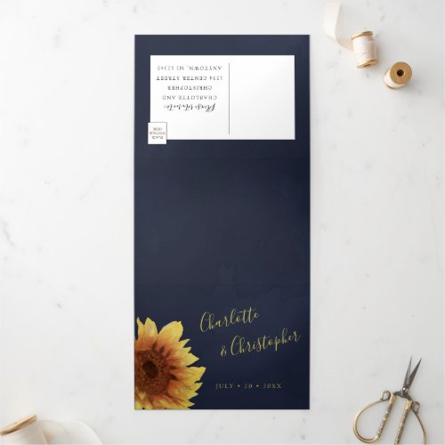 Watercolor sunflower navy blue all in one wedding Tri_Fold invitation