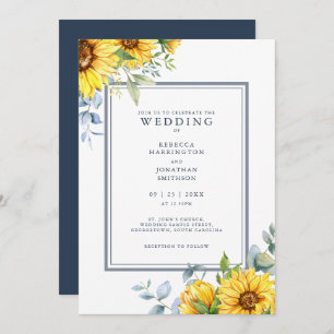 Watercolor Sunflower Navy Blue Wedding Invitation
