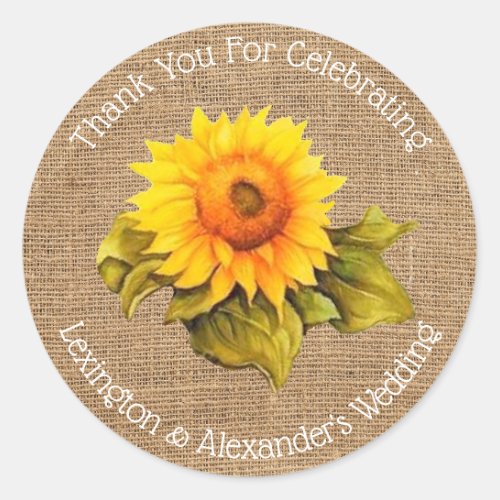 Watercolor Sunflower On Burlap Wedding Guest Favor Classic Round Sticker