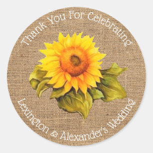 Watercolor Sunflower On Burlap Wedding Guest Favor Classic Round Sticker